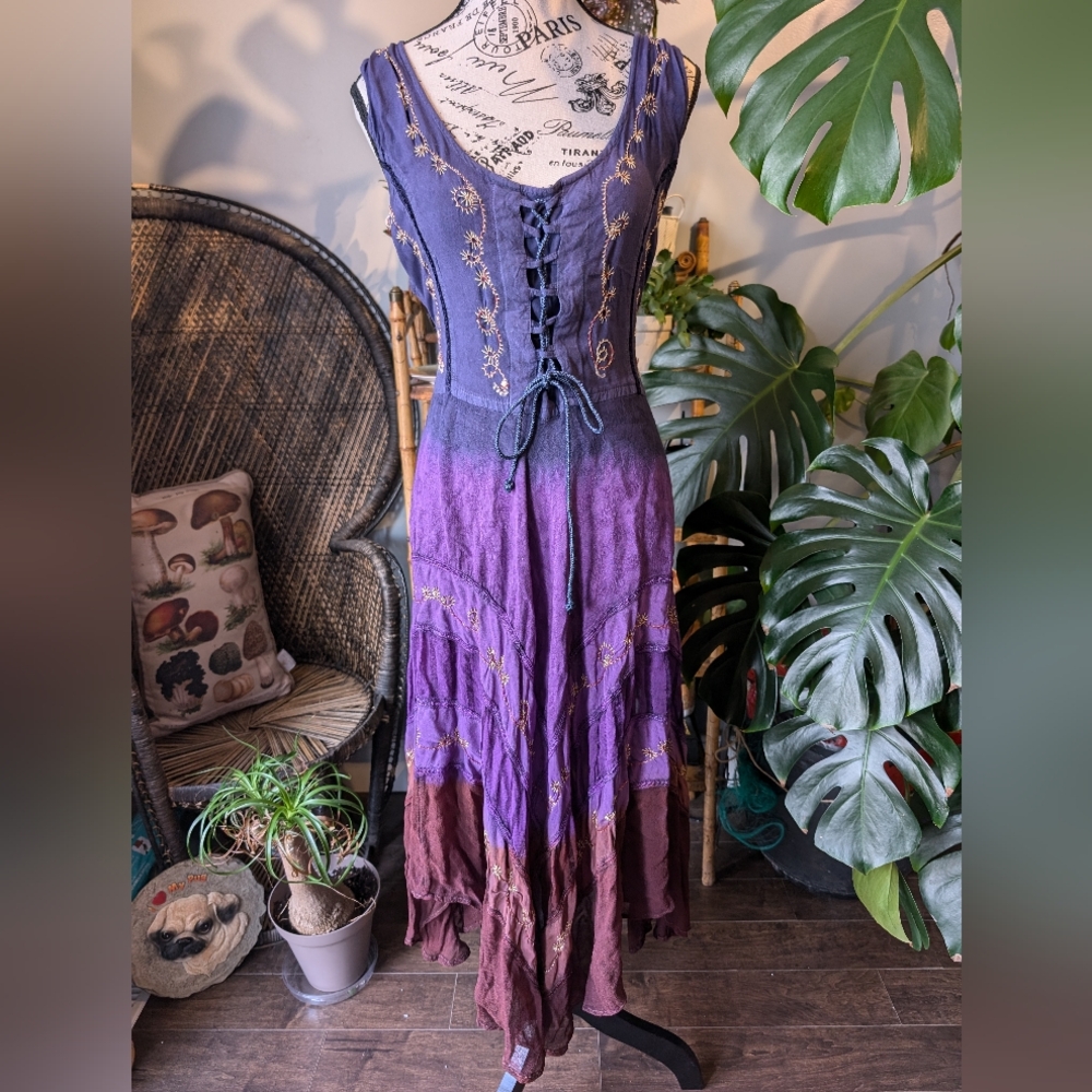 Boho Lace-Up Ombre Purple Brown Maxi Dress